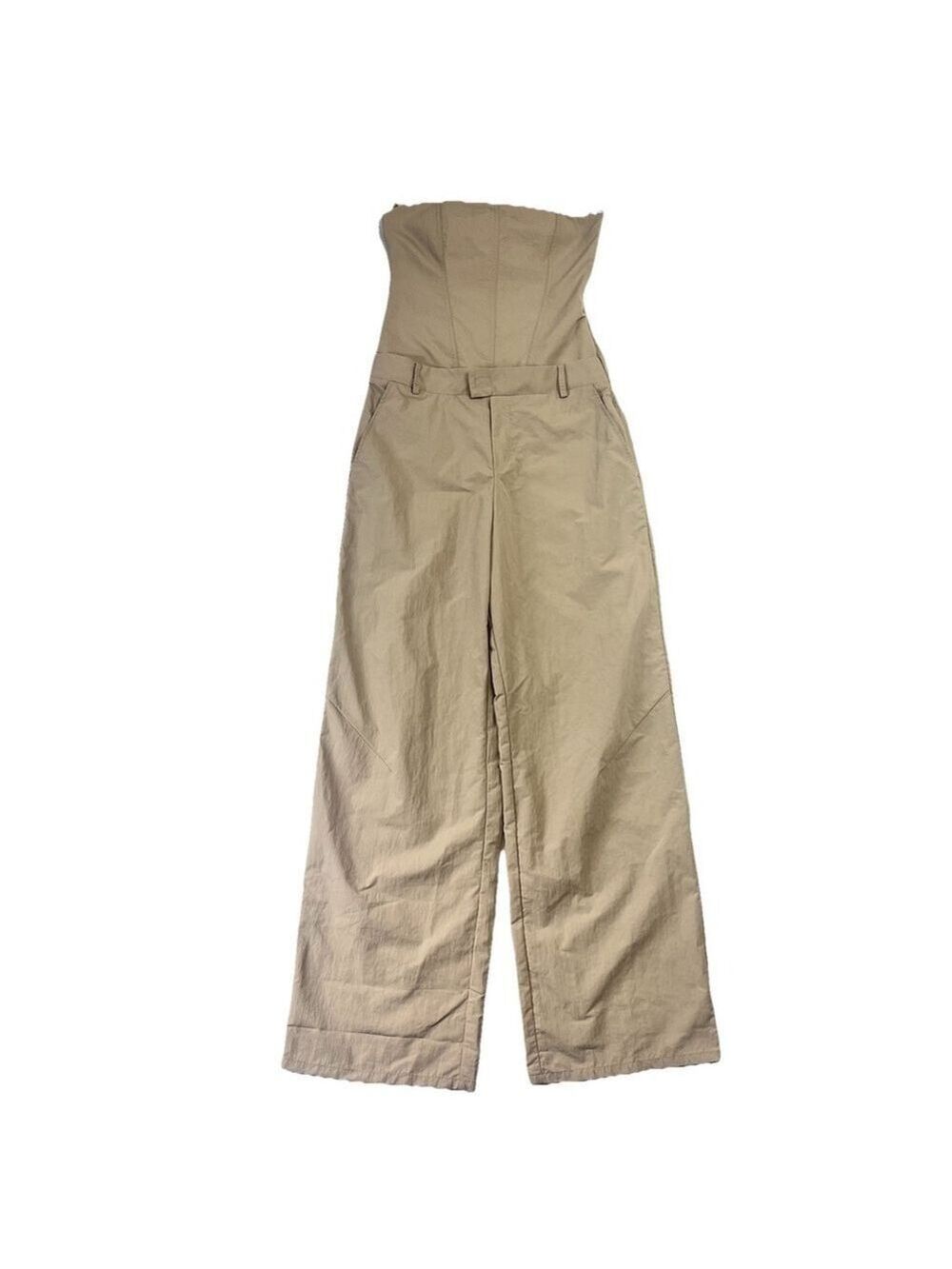 Zara Strapless Jumpsuit Off The Shoulder Wide Leg Khaki Size S Blogger Fav New - Picture 2 of 16